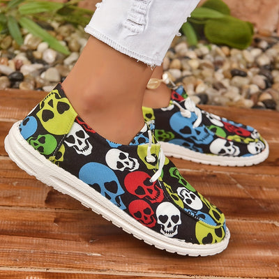 Halloween Pumpkin & Bat Print Women's Canvas Shoes, Casual Lace Up Outdoor Shoes, Lightweight Low Top Halloween Shoes