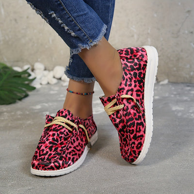 Pink Leopard Print Women's Canvas Shoes - Lightweight, Comfortable, and Fashionable Flat Shoes