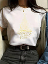 Shimmering Elegance: Shiny Graphic Print Crew Neck T-Shirt – Fashion for Spring/Summer