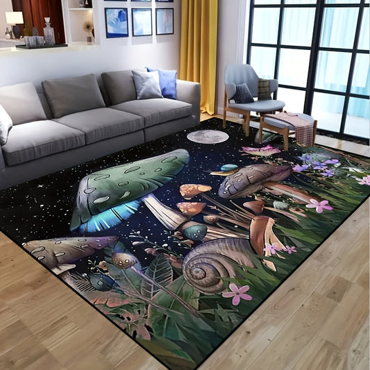 Add a dash of whimsy to your home with this playful Mushroom Snail Rug. This rug is made of durable polyester and is ideal for both indoor and outdoor spaces. Its vibrant colors make it easy to coordinate with existing décor. Enjoy this stylish home accessory for years to come!