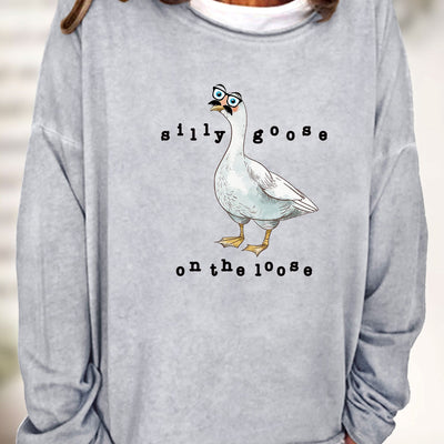 Casual and Cozy: Silly Goose Print Crew Neck Sweatshirt for Women