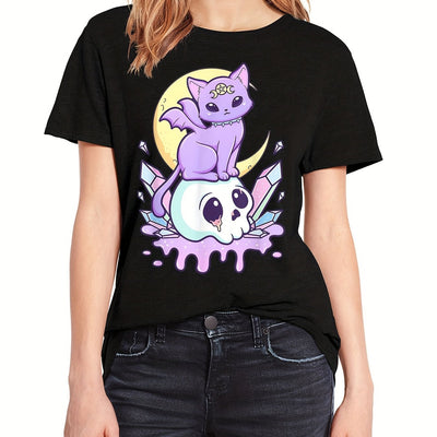 Fierce and Playful: Cartoon Cat Skull Print Crew Neck T-Shirt - Stay Cool and Stylish this Spring/Summer!