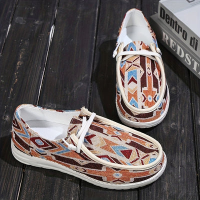 Stylish Women's Ethnic Tribal Printed Canvas Shoes - Comfortable Round Toe Lace Up Low Top Sneakers for Casual Walking