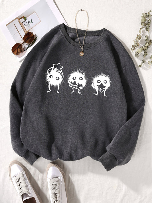 This pullover sweatshirt is both cozy and cute, featuring a fun and playful cartoon character print. Perfect for fall and winter, add a touch of personality to your wardrobe with this fashionable sweatshirt. Stay warm and stylish with this must-have piece.