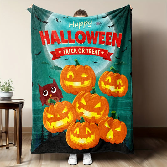 This super-soft, pumpkin-patterned flannel blanket is perfect for Halloween decor and all-season coziness! Its 100% polyester construction will keep you warm and comfortable no matter the weather.