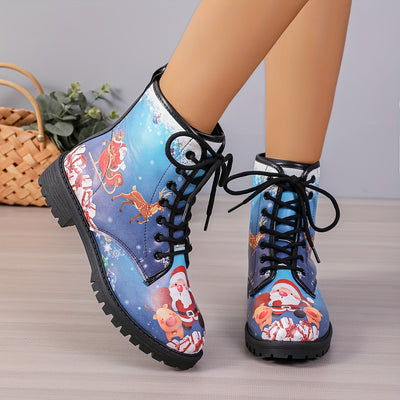 Step into the Festive Season: Women's Santa Claus Pattern Short Boots – Lace-Up Combat Boots for a Casual and All-Match Christmas Style