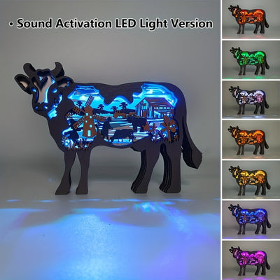 Moo-velous Milk Cow Wooden Art Animal Statues: Illuminate Your Space with LED Night Light Delight!