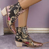 Stylish and Trendy Women's Vintage Floral Embroidered Boots: Lace-Up, Chunky Heel, Fashionable Cowboy Boots