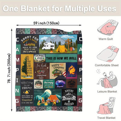 Snuggle Up, Cozy & Stylish with This Camping and Anime Pattern Fleece Throw Blanket! - Perfect Gift for Bed, Couch, Sofa, Travel, Camping!