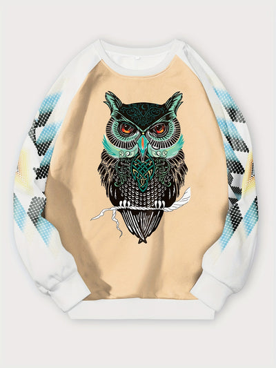 Owl Geometric Print Plus Size Casual Sweatshirt: Stylish and Cozy Plus Size Women's Clothing for Fall/Winter