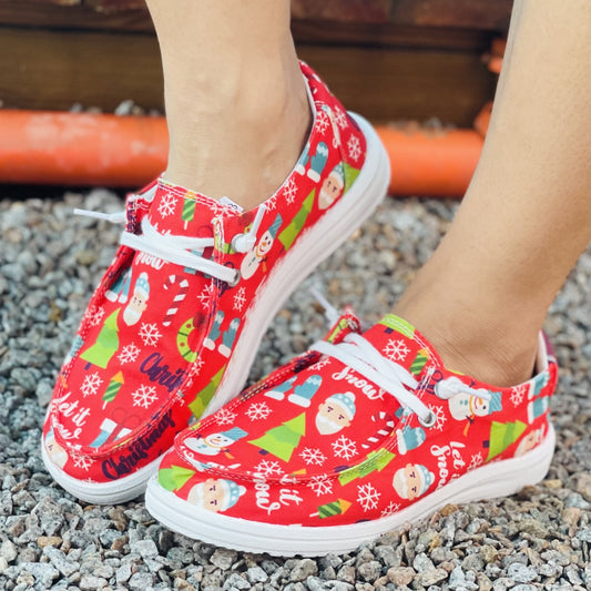 Festive Joy: Women's Red Christmas Pattern Canvas Shoes - Casual Lace-Up Outdoor Shoes for Lightweight Comfort