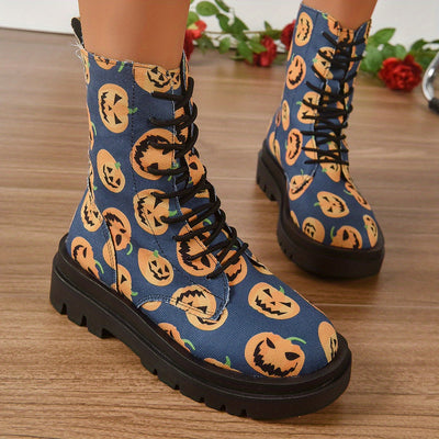 Pumpkin Spice and Everything Nice: Women's Chunky Heel Lace-Up Platform Boots - the Perfect Fashion Statement for Halloween