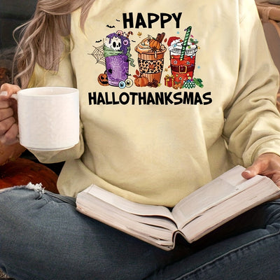 Festive Fusion: Happy Hallothanksmas Print Sweatshirt - A Fun and Cozy Addition to Your Wardrobe!