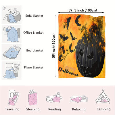 Spooky Halloween Theme Flannel Blanket: Cozy, Soft, and Versatile for Sofa, Nap, and Lunch Breaks - Featuring Horror Pumpkin and Bat Prints