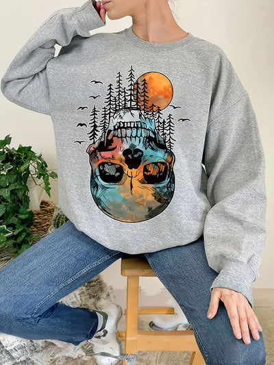 Spooky Chic: Halloween Skull Forest Print Sweatshirt - A Must-Have for Women's Casual Wear