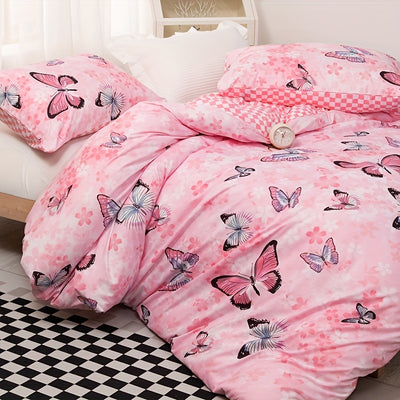 Fluttering Elegance: 3-Piece Butterfly Flower Print Duvet Cover Set - Transform Your Bedroom into a Stylish Oasis