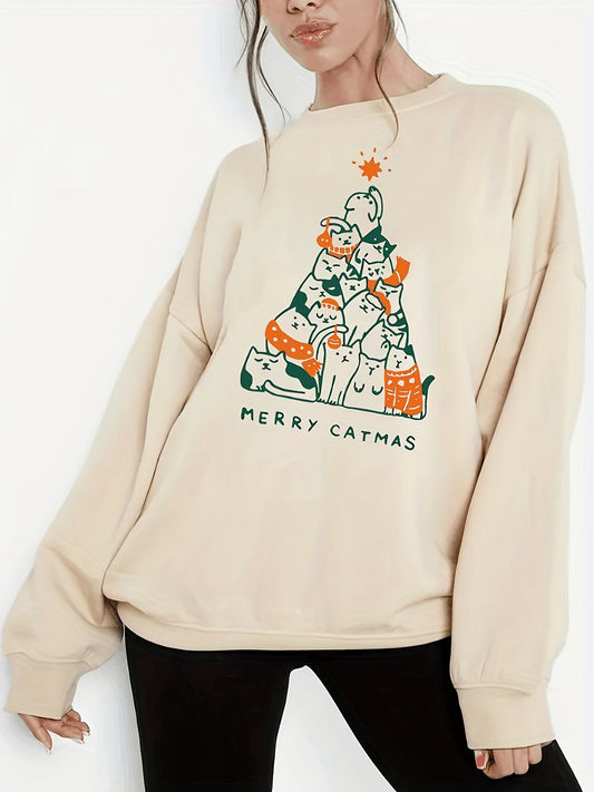 Stay cozy and festive in this fashionable Christmas Cute Cat Print Sweatshirt. This casual crew neck long sleeve sweater is made of high-quality fabric, ensuring softness and durability. Its festive look is perfect for the winter holiday season.