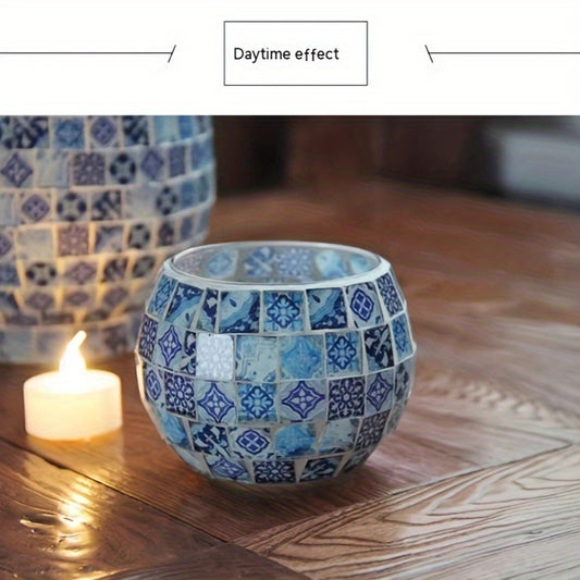This beautiful Blue and White Mosaic Glass Candle Holder is the perfect centerpiece for candlelit romantic evenings and special occasions. The intricately designed mosaic glass adds a touch of elegance and charm, while the flickering candlelight creates a romantic ambiance. A must-have for any special event.