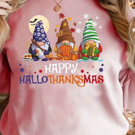 Stay Festive with our Happy Hallothanksmas Print Sweatshirt - Perfect for Casual and Cozy Days!