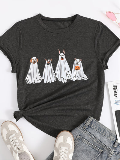 Halloween Funny Dog Print Crew Neck T-shirt, Casual Loose Short Sleeve Fashion Summer T-Shirts Tops, Women's Clothing