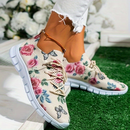 This stylish pair of casual shoes feature a unique floral butterfly print design on a comfortable knit fabric construction. Perfect for everyday wear, they provide great breathability and support.