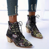 Floral Embroidered Chunky Heel Boots: Fashionable Point Toe Lace-Up Boots for Women - Comfortable Cowboy Boots
