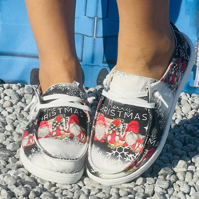 Women's Cartoon Gnome Print Canvas Shoes: Slip-On, Lightweight, Flat & Comfy, Soft Sole Shoes - Versatile Low-Top Christmas Shoes