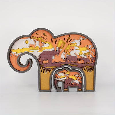 Elephant Baby 3D Wooden Art Carving LED Night Light: Exquisite Wood Carved Home Decor and Perfect Gift for Father's Day