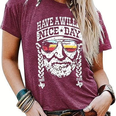 Vintage 'Have a Willie Nice Day' Letter Print Crew Neck T-Shirt, Casual Every Day Tops, Women's Clothing