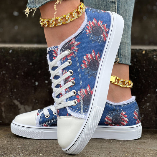 Comfortable Women's Sunflower Print Canvas Shoes - Lightweight Low Top Lace Up Walking Shoes