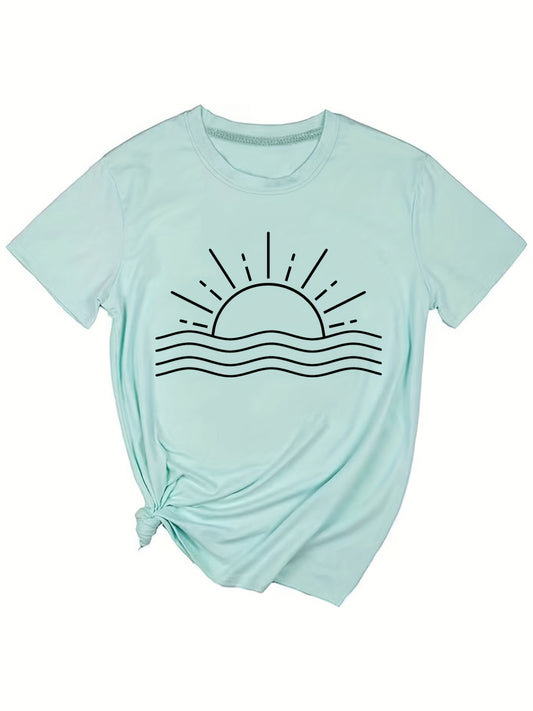 This Graphic Print Crew Neck T-Shirt for Women is perfect for the warm weather months. It features a sun graphic on the front with a casual short sleeve design. This stylish and comfortable T-shirt is ideal for summer and spring.