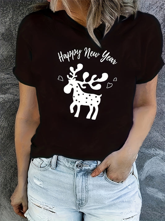 Celebrate the New Year in style with our Happy New Year Print T-Shirt. A must-have for your summer and spring wardrobe, this stylish top will elevate your casual look. With its unique print and comfortable fit, it's the perfect addition to any outfit. Get yours today!
