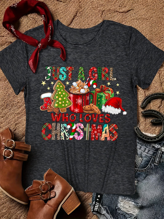 Festive Delight: Christmas Graphic Print Crew Neck T-Shirt - A Casual Short Sleeve Top for Spring/Summer Women's Clothing