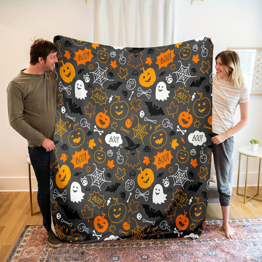 Cozy Halloween Flannel Blanket with Cartoon Bat, Spider, and Pumpkin Print: Perfect Gift for Halloween Parties