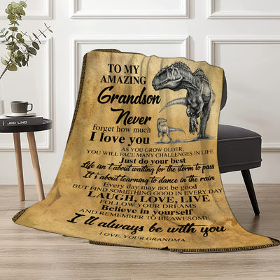 Cozy Dinosaur and Letter Print Flannel Blanket for Grandson from Grandma - Perfect for Couch, Bed, and Sofa