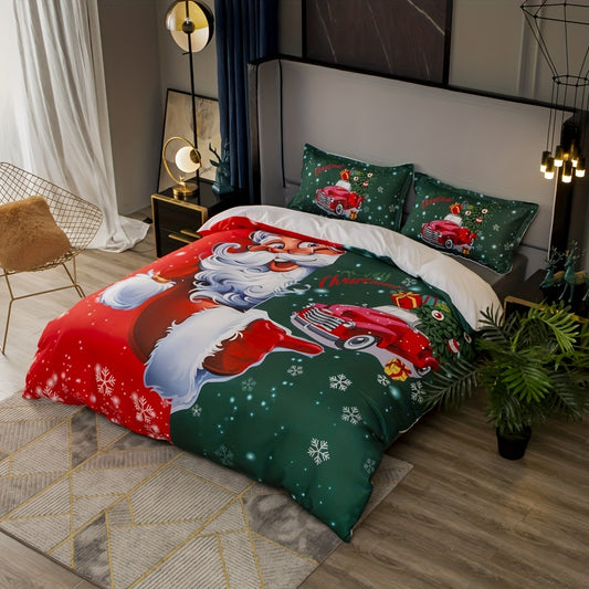 This premium polyester duvet cover set is perfect for creating a festive atmosphere. The vibrant Santa Claus print will bring warmth and joy to any bedroom. With one duvet cover and two pillowcases, comfort and style are assured. It's the perfect bedding gift for the whole family.