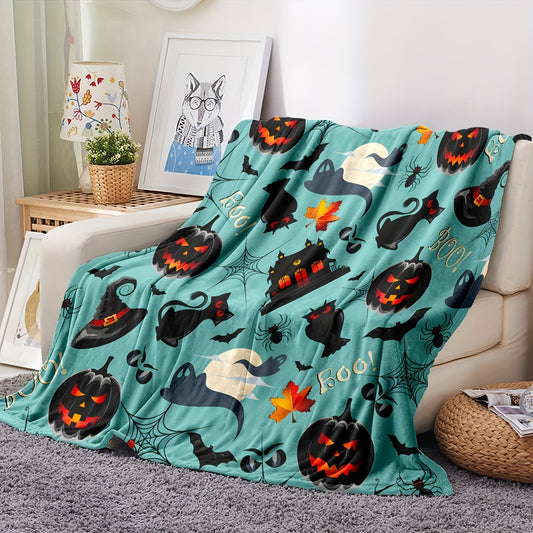 Spooktacular Halloween Flannel Blanket: Cartoon Pumpkin, Bat, Cat, and Spider Web Print for Ultimate Coziness and Style