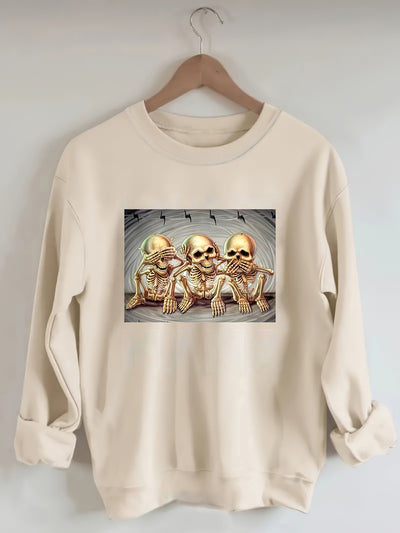 Skull Pattern Plus Size Halloween Sweatshirt: Casual and Stylish Women's Round Neck Long Sleeve Sweatshirt