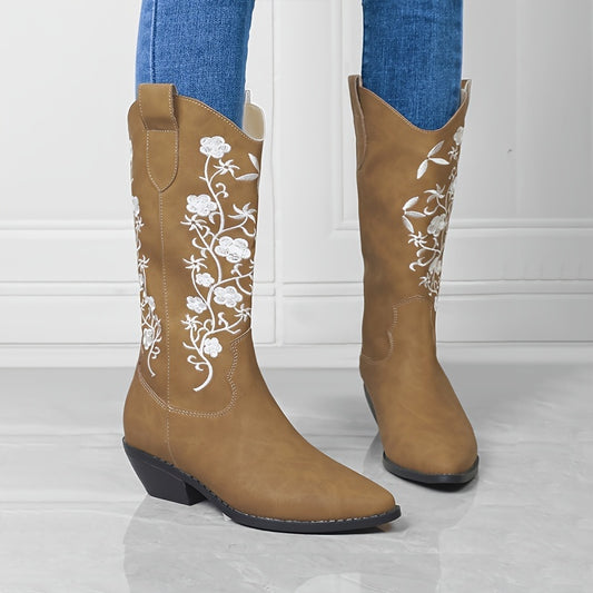 The Fashionably Floral Women's Embroidered Western Mid-Calf Boots with Block Heels make an iconic statement. An authentic cowgirl must-have, these boots feature a stylish western design with luxurious embroidery. The sturdy block heels provide long-lasting comfort and stability.