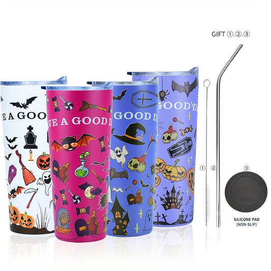 22oz Tumbler With Halloween Pattern,18/8 Stainless Steel Vacuum Insulated Coffee Tumbler,Insulated Travel Mug Water Cup With Leak-Proof Lid & 1 Metal Straws,1 Cleaning Brush & Gift Box, Holiday Gifts, Halloween Gift