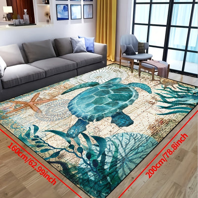 Underwater Paradise: Blue Sea Turtle Nautical Map Area Rug for Ocean-Inspired Living Spaces