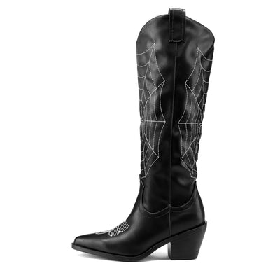 Women's Chunky Heel Spider Web Print Knee-High Boots: Stylish and Comfortable Slip-On Long Boots