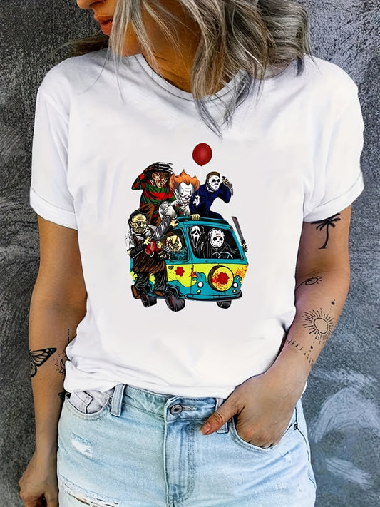 This Horror Cartoon Figure Print T-Shirt for women is the perfect way to celebrate Halloween. The short-sleeve tee has a slight stretch for a comfortable fit and features a spooky cartoon figure print. Perfect for any casual occasion.