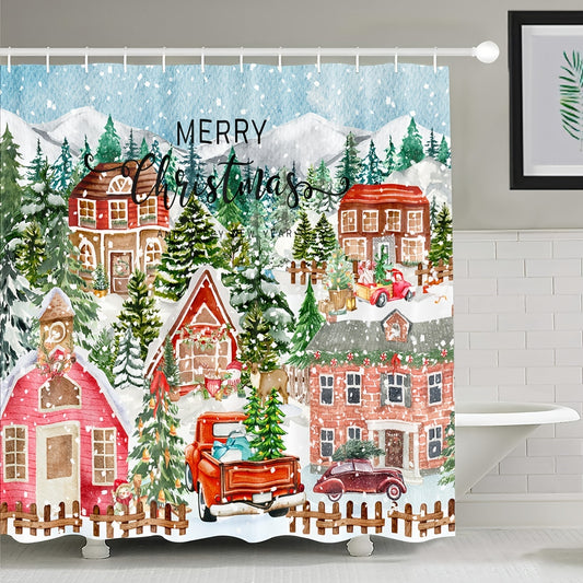 Whimsical Red and Blue Christmas Gnome Forest Shower Curtain - Waterproof Holiday Décor for Your Bathroom