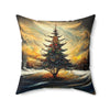 Romantic Snowy Landscape Christmas Tree On Canvas, Spun Polyester Square Pillow