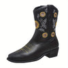 Sunflower Delight: Women's Fashionable Slip-on Cowboy Boots with Chunky Heel and Embroidered Accents