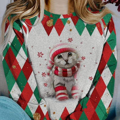 Fashionably Feline: Cute Cat Print Crew neck Sweatshirt for Casual Chic Women's Clothing