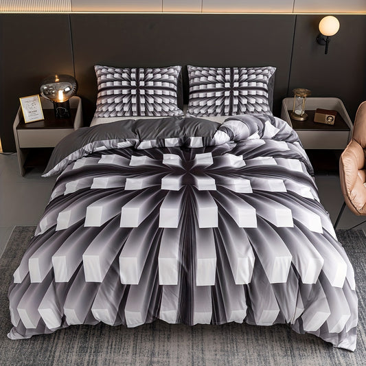 Experience superior bedroom comfort with this Dreamscape 3-piece duvet cover set. Includes one duvet cover and two pillowcases, crafted from soft-to-the-touch cotton material for a luxurious feel. A three-dimensional pattern and contrasting black and white hues provide a modern look. Upgrade your decor today.