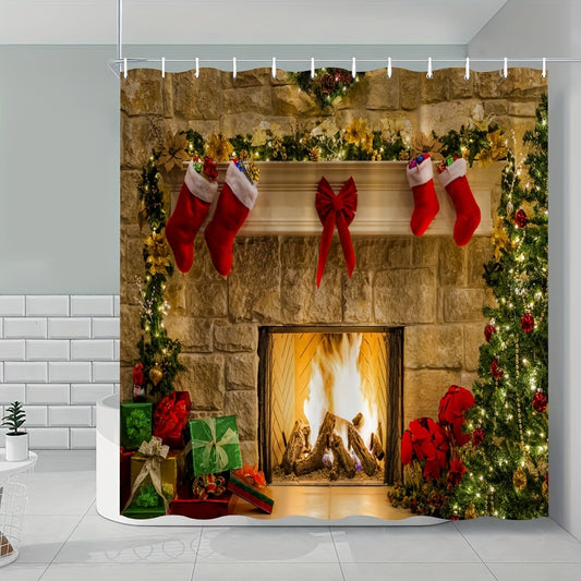 Festive Christmas Shower Curtain: Transform Your Bathroom Into a Holiday Haven with Tree, Fireplace & Red Socks Design – Machine Washable Polyester Fabric Includes Hooks for Easy Installation – Perfect Christmas Decoration!