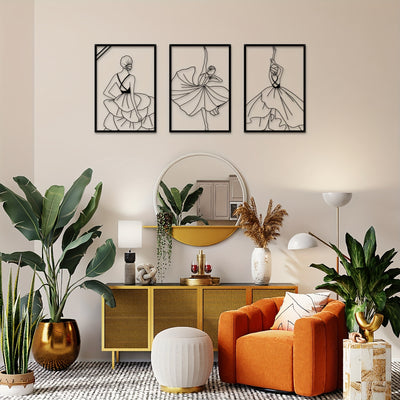 Modern Minimalist Female Dancer Metal Art Wall Decor: Elegant Abstract Line Drawing in Black & Gold